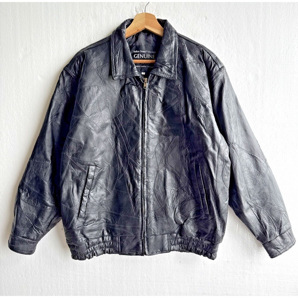 Navarre Italian Stone Design Genuine Black Leather Patchwork Jacket Men’s Medium